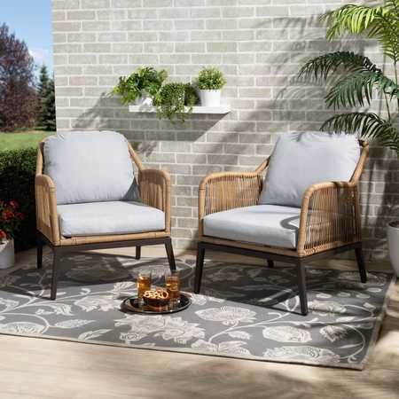 BAXTON STUDIO Endecott Modern Grey Fabric Upholstered and Brown Synthetic Rattan Patio Chair, PK2 202-2PC-12309